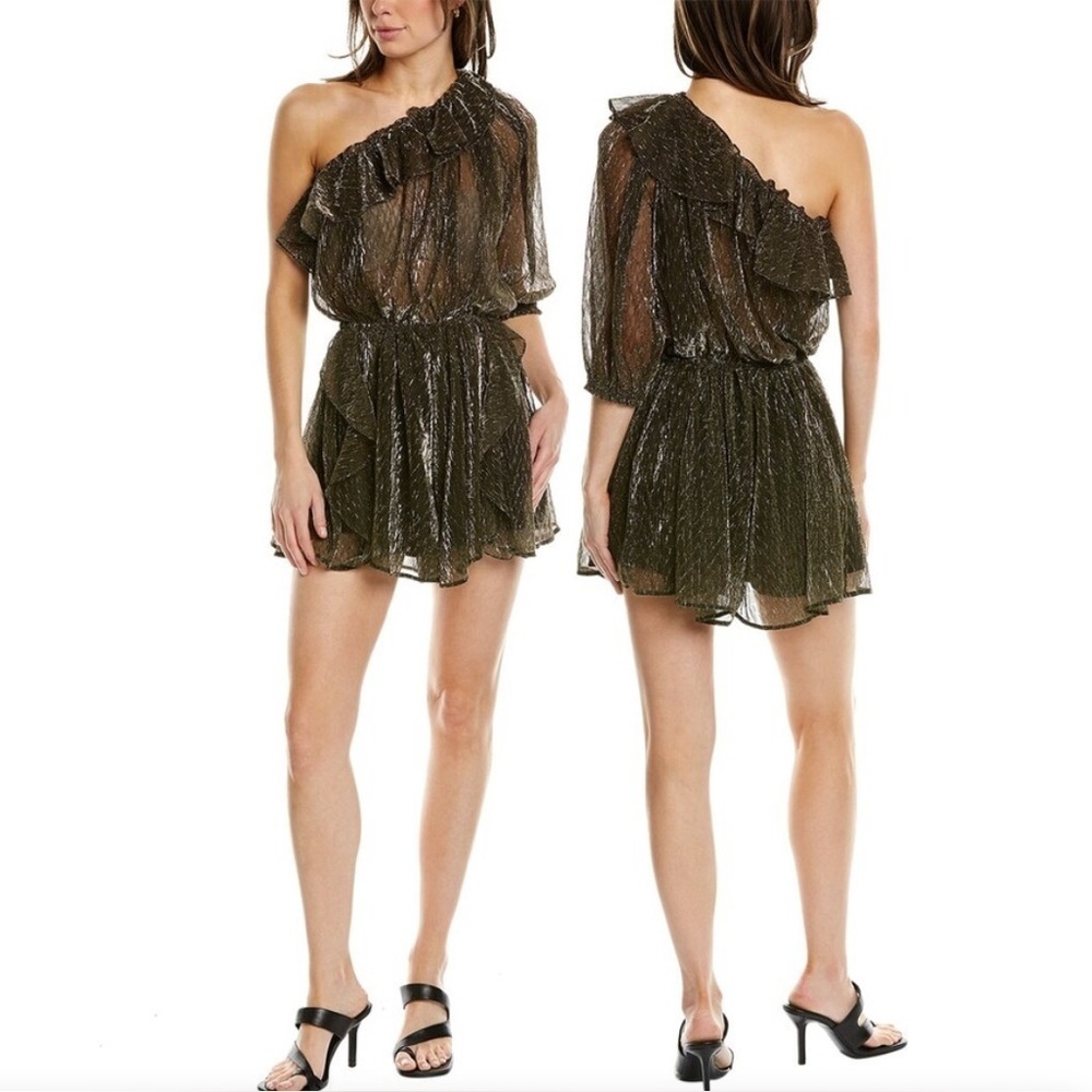 IRO Paris Payham Black Gold Lame One Shoulder Ruffle Sheer Jumpsuit Romper Large